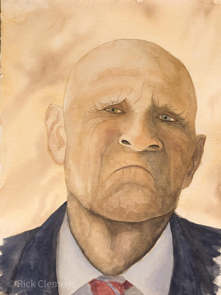 Still Kickin’ "Still Kickin'" – original watercolor portrait of a bald elderly man in a suit and tie with a stern expression, painted in warm amber tones, by Rick Clemens