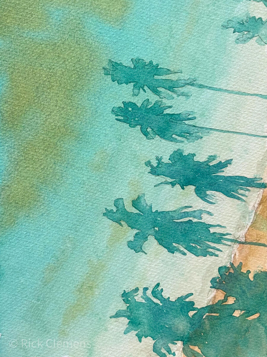 Water’s Edge "Water's Edge" – original watercolor painting of evergreen tree silhouettes reflected in teal and turquoise water, by Rick Clemens