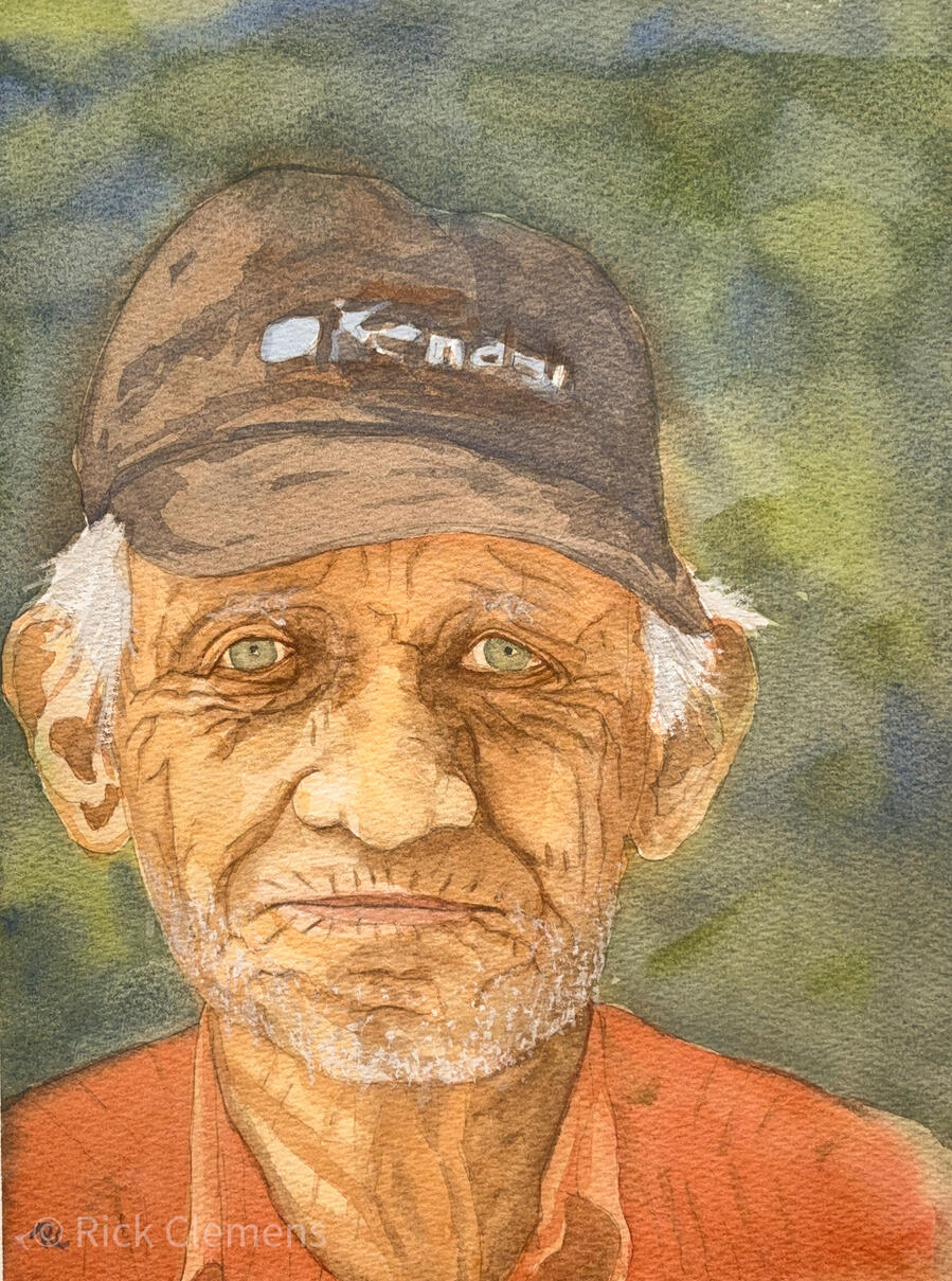 Old Timer "Old Timer" – original watercolor portrait of an elderly man in a baseball cap with weathered features and piercing green eyes, by Rick Clemens