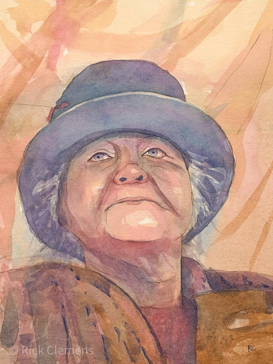 "Looking Up" – original watercolor portrait of an elderly woman in a blue hat gazing upward, painted in warm peach and lavender tones, by Rick Clemens